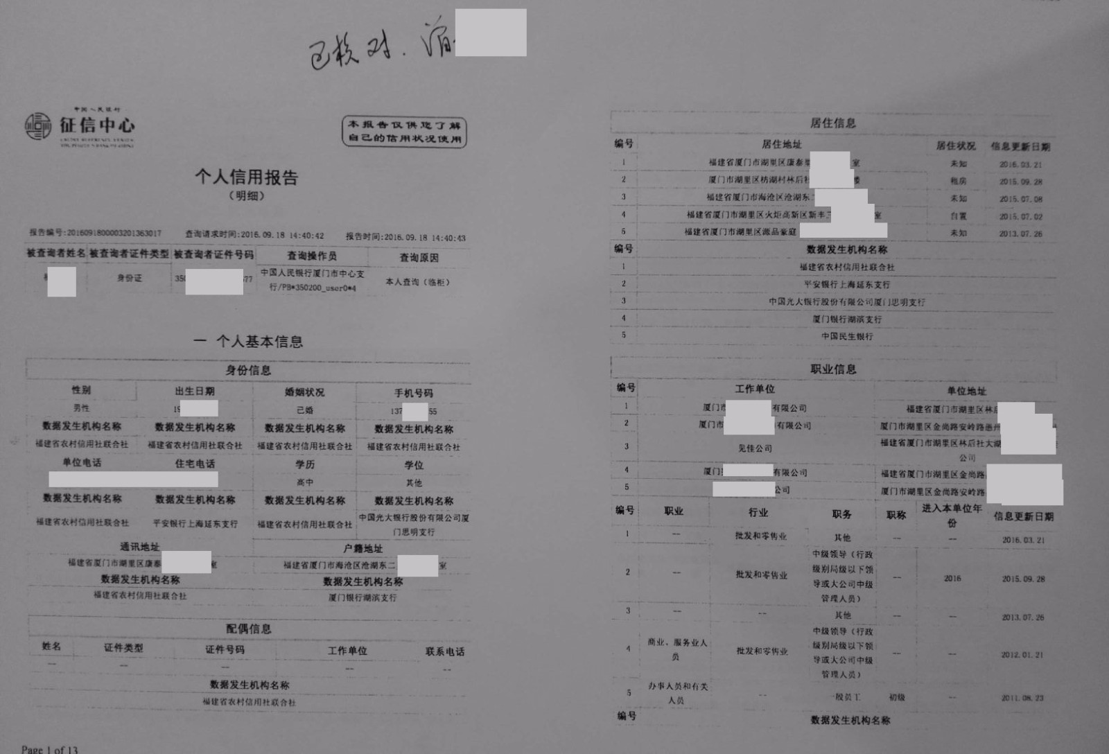 借款人征信报告